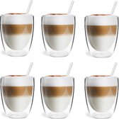 Dubbelwandige Glazen + 6 Glazen Rietjes- Set Van 6 - Latte Macchiato Espresso Koffieglazen - Koffiekopjes/Theeglazen - Koffieglas - 6 x 320 ml