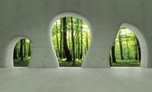 Fotobehang - Vlies Behang - 3D Groen Bos door de Betonnen Ramen - 368 x 254 cm