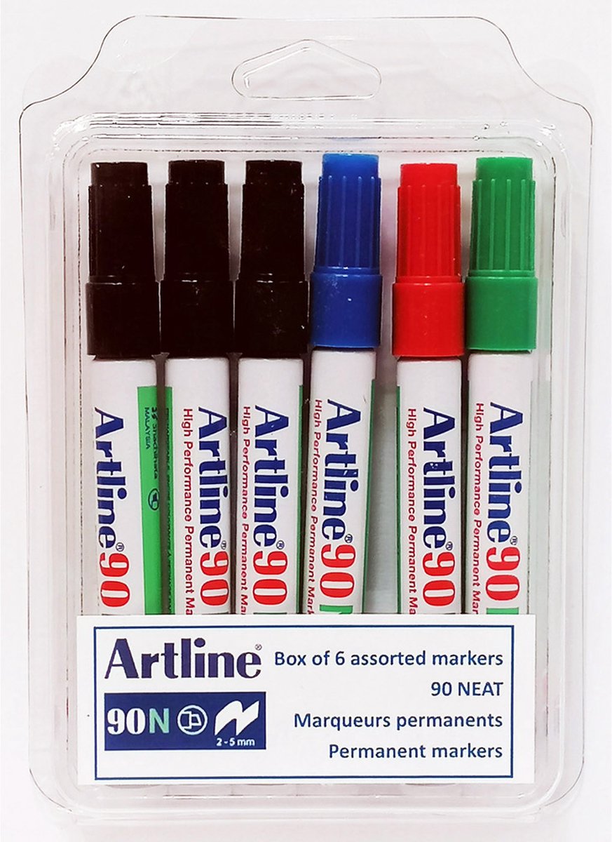Box van 6 markers Artline 90 NEAT. Assortiment van kleuren.