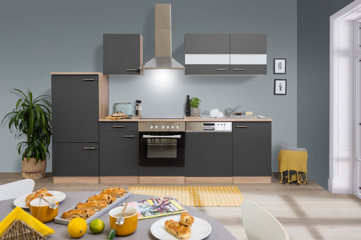 Goedkope keuken 280 cm - complete keuken met apparatuur Merle - Eiken/Grijs - soft close - keramische kookplaat - vaatwasser - afzuigkap - oven - spoelbak