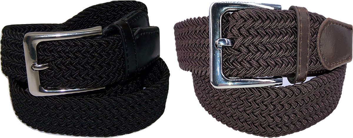 Duopack Zwart Coffee XXL - Elastische Comfort Riem - maat 130 - Gevlochten - 100% Elastisch - Nikkelvrije Gesp