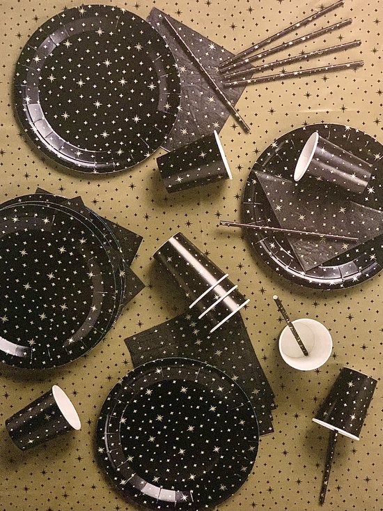 Party Set Goud & Zwart wegwerpservies bordjes & bekers rietjes