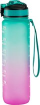 Bol.com Motivatie Waterfles Turquoise/Roze - 1 Liter Drinkfles - Waterfles met Rietje - Waterfles met tijdmarkering - BPA Vrij -... aanbieding