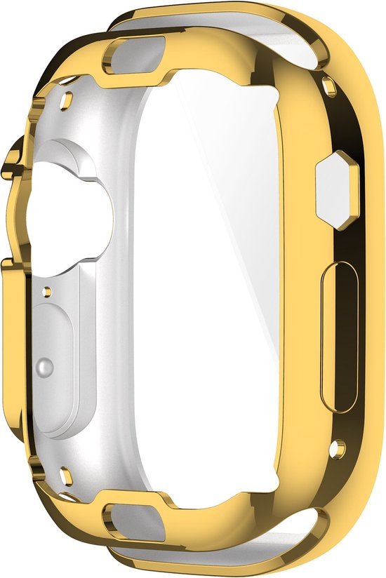 Gouden Apple Watch Ultra hoesje met doorzichtig scherm. Zilveren binnenkant.