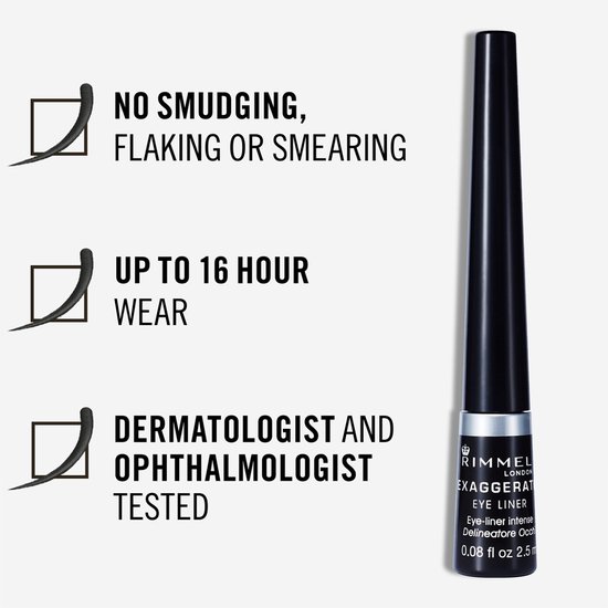 Rimmel London Exaggerate eyeliner: smeer- en veegvrij, tot 16 uur draagbaar, dermatologisch getest.