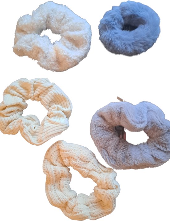 TWOA-Scrunchies-Set van 5 verschillende texturen scrunchies- wit en grijs