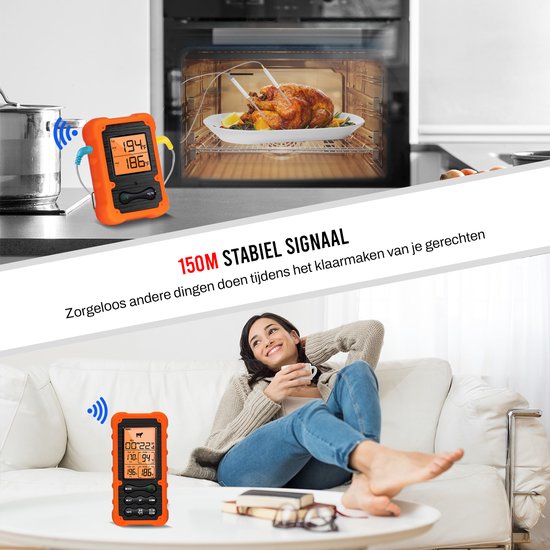 Oranje vleesthermometer in een huiskamer, met een kip in de oven en een pan op het fornuis.