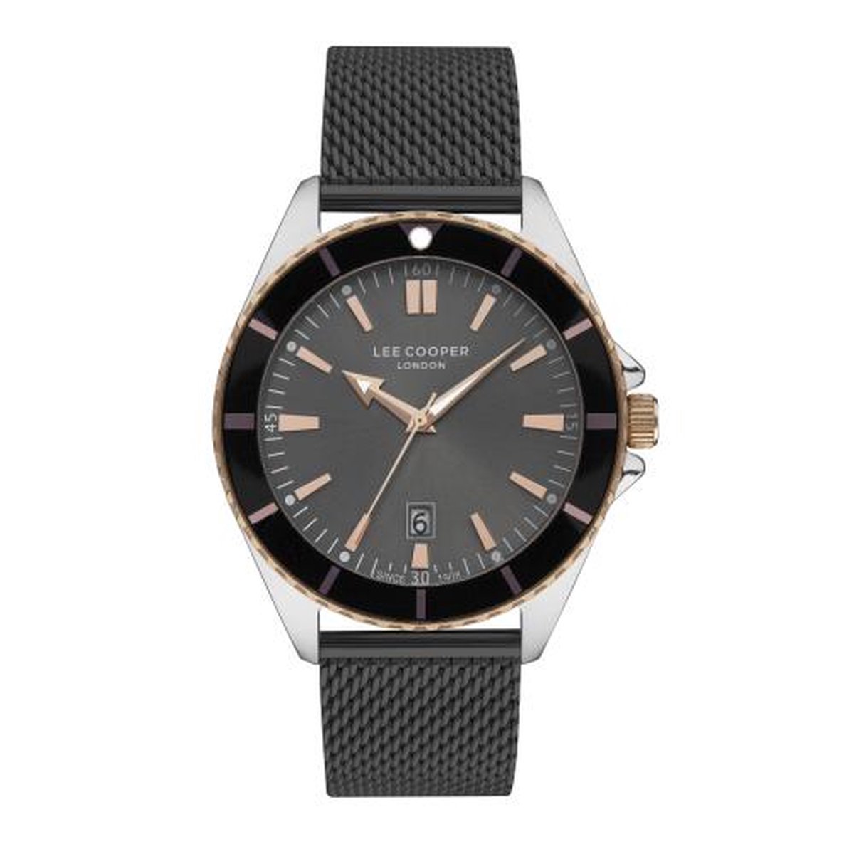 Lee Cooper LC07353.560 - Horloge - Analoog - Mannen - Heren - Mesh-Milanese band - Staal - Datumaanduiding - Zwart - Zilverkleurig - Rosékleurig