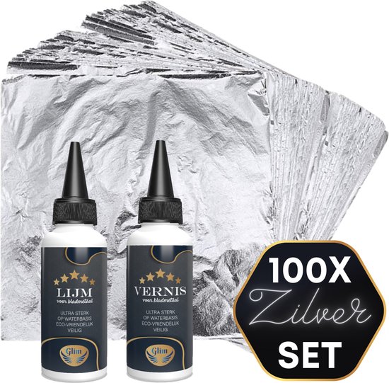 Ensemble de 100 feuilles de 16x16 cm de feuille métallique argentée, imitation feuille d'or, de Glim, y compris 30 ml de colle et 30 ml de vernis.