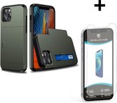 ShieldCase Kaarthouder case met slide geschikt voor Apple iPhone 12 Pro Max - hoesje met ruimte voor pasjes - pasjeshouder - hardcase - groen + glazen Screen Protector