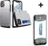 ShieldCase Kaarthouder case met slide geschikt voor Apple iPhone 12 Pro Max - hoesje met ruimte voor pasjes - pasjeshouder - hardcase - zilver + glazen Screen Protector