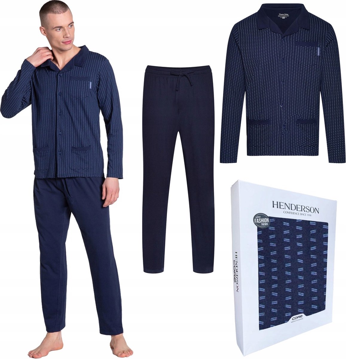 Henderson Zander Katoen Pyjama Heren Volwassenen | Lange Mouw Lange Broek | Winter Pyama | Marineblauw M