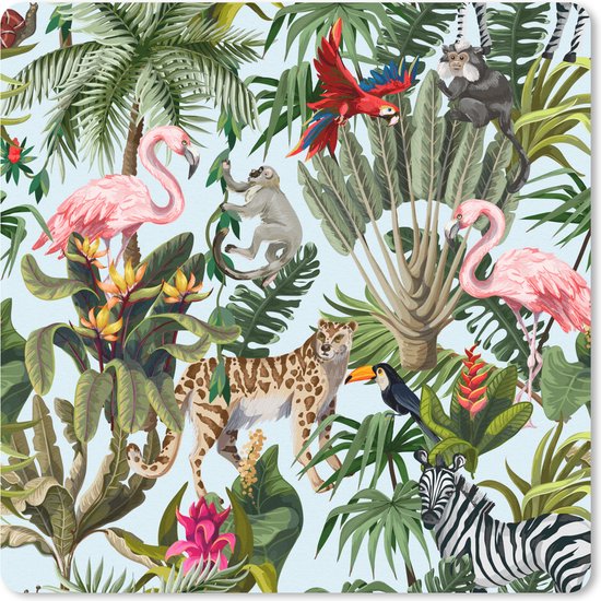 Muismat - Mousepad - Jungle - Dieren - Meisjes - Kinderen - Jongens - Flamingo - Papegaai - 30x30 cm - Muismatten - MousePadParadise