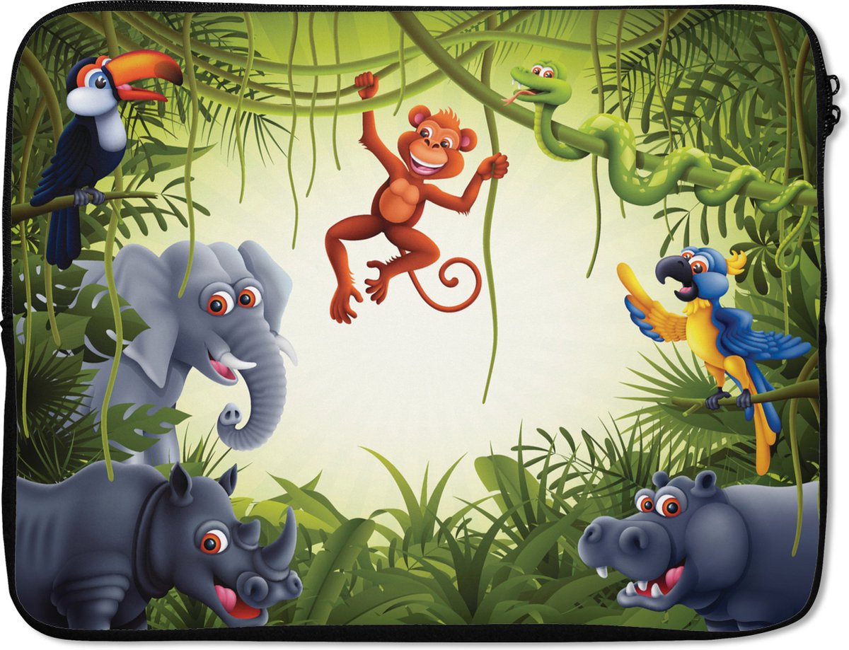 Laptophoes 15.6 inch - Illustratie - Wilde dieren - Jungle - Jongens - Baby - Meisjes - Laptop sleeve - Binnenmaat 37x26 cm - Zwarte achterkant