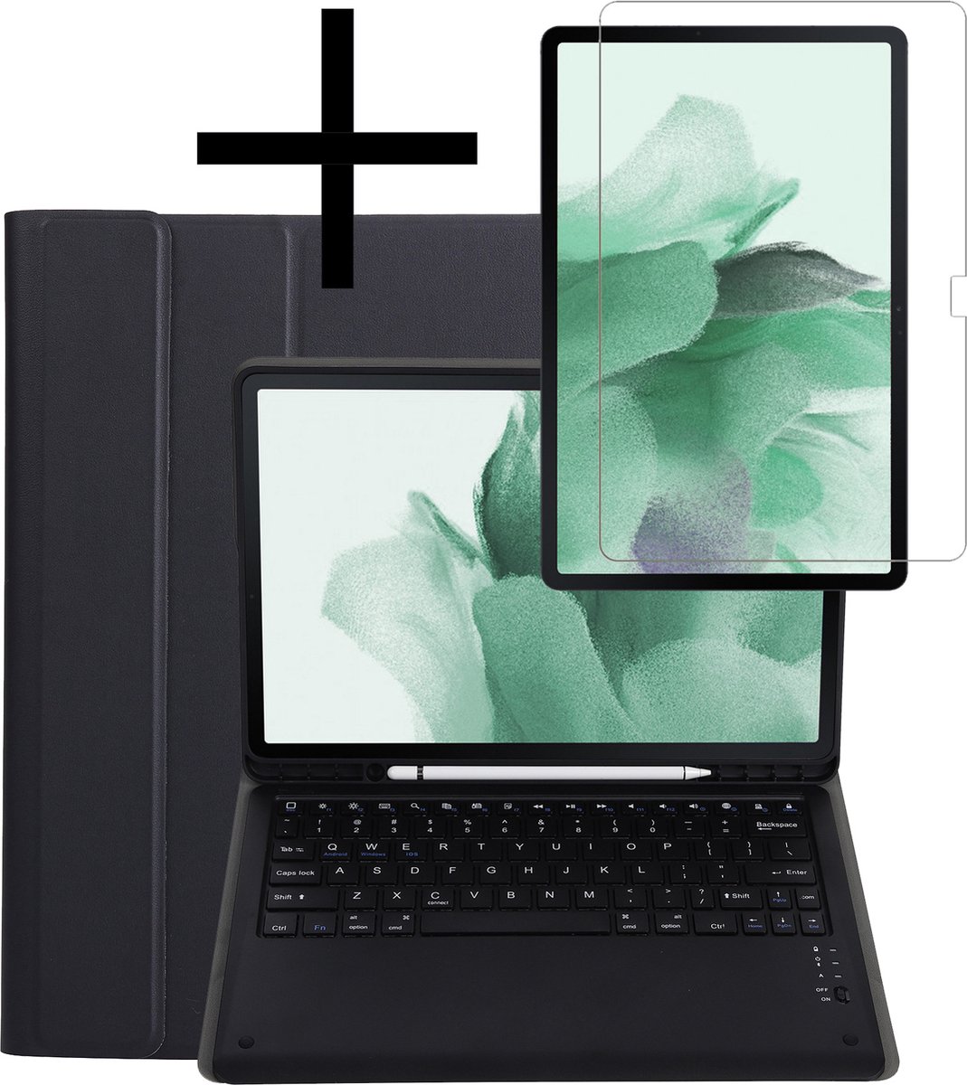 Hoesje Geschikt voor Samsung Galaxy Tab S7 FE Hoesje Toetsenbord Hoes Met Screenprotector - Hoes Geschikt voor Samsung Tab S7 FE Keyboard Case Book Cover - Zwart