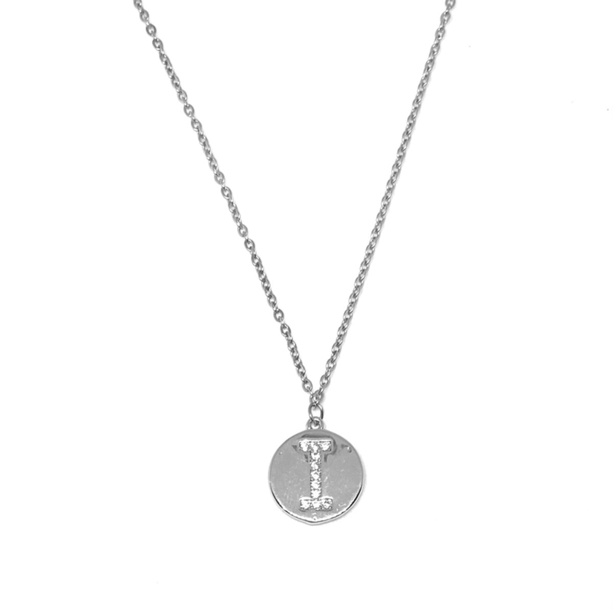 Letter ketting diamond coin - initiaal I - zilver
