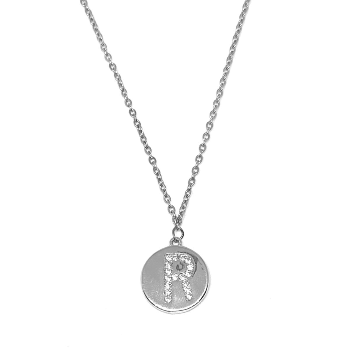 Letter ketting diamond coin - initiaal R - zilver