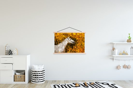 Posterhanger incl. Poster 90x60 cm - Schoolplaat - Paard - Bladeren - Herfst - Textielposter - Blanke latten
