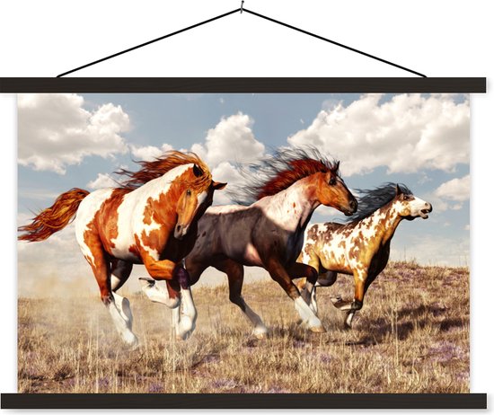 Porte-affiche avec affiche - Affiche scolaire - Paarden - Animaux - Herbe - Fourrure - 150x100 cm - Lattes noires