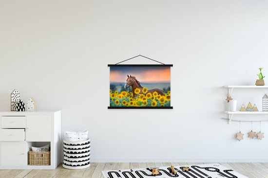 Porte-affiche avec affiche - Affiche scolaire - Cheval - Tournesol - Ciel - Pastel - 90x60 cm - Lattes noires