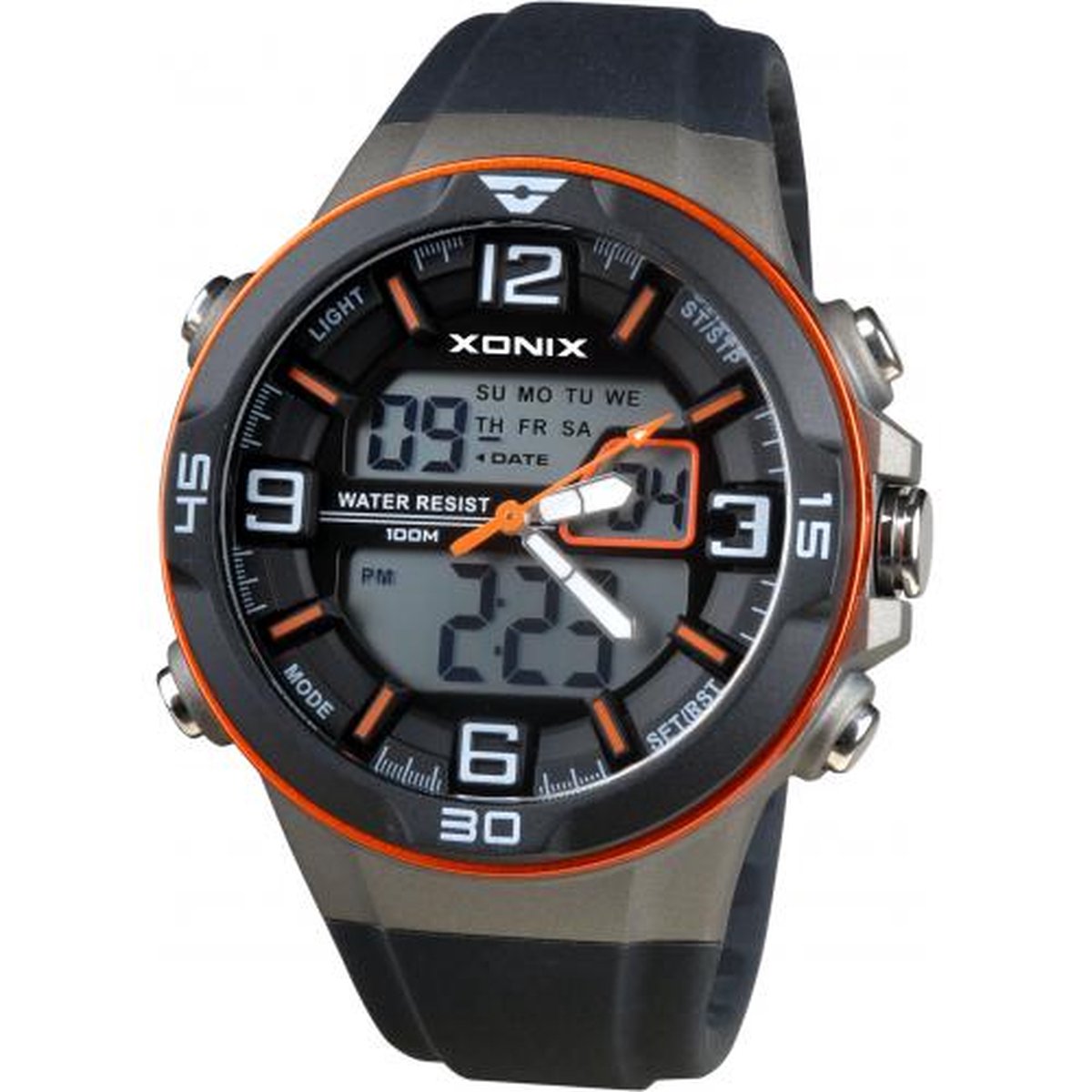 Xonix VL-004 - Horloge - Digitaal - Heren - Mannen - Siliconen band - ABS - Cijfers - Achtergrondverlichting - Alarm - Start-Stop - Chronograaf - Tweede tijdzone - Waterdicht - 10 ATM - Zwart - Grijs - Oranje