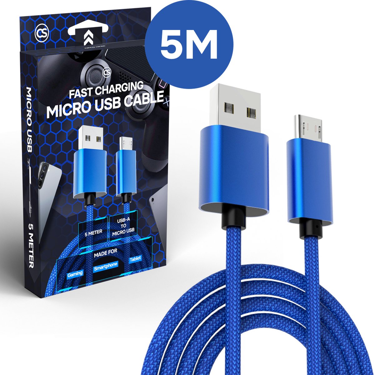 Extra Snelle Controller Oplaadkabel voor PlayStation 4 - PS4 Oplader - Micro USB Kabel - 5A Snellader / Fast Charger - 5 Meter 5M - Blauw