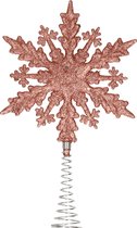 Kerstboom piek - platte sneeuwvlok - kunststof - donker roze glitter - 20 cm