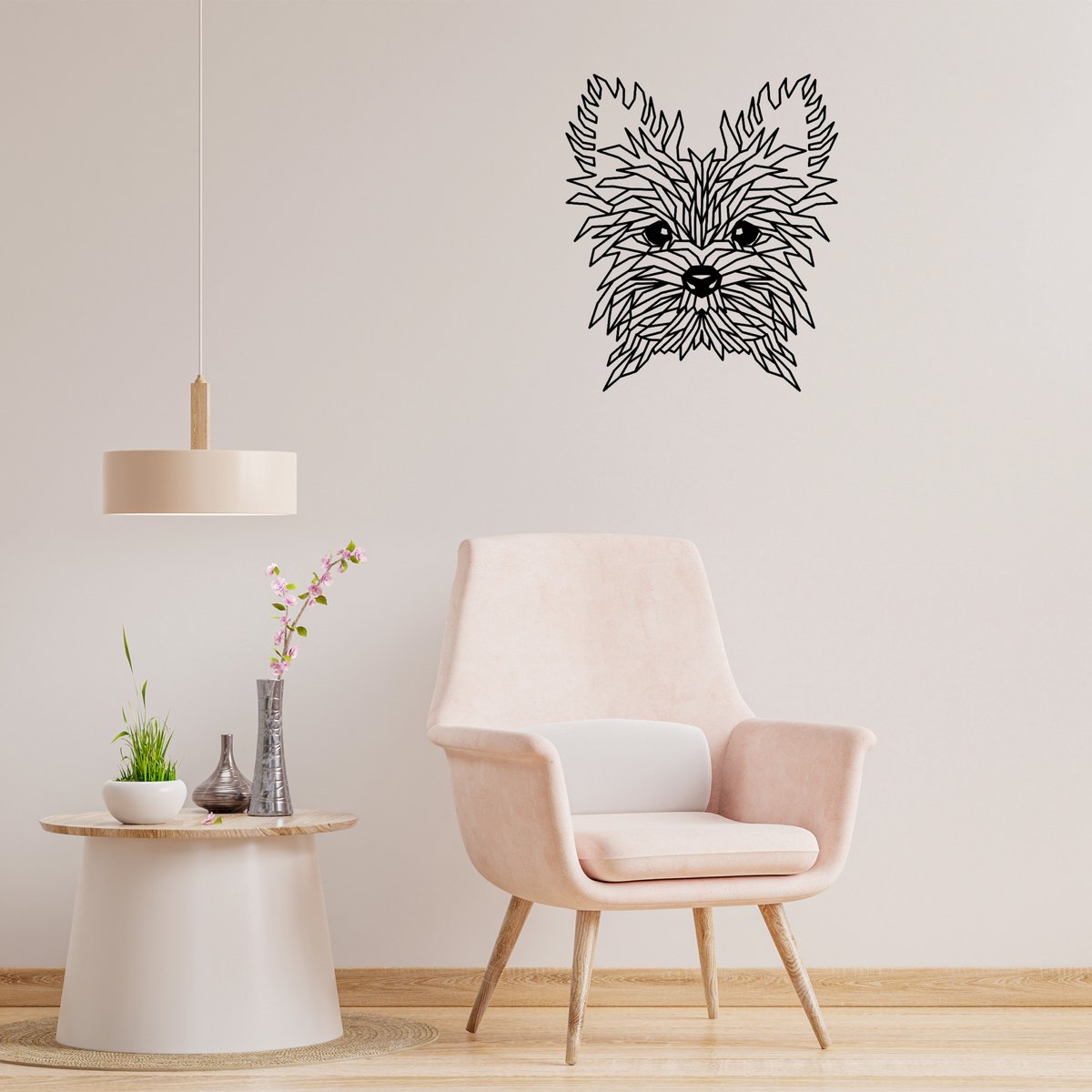 Geometrische Yorkshire Terrier  - H 68cm B 59cm (XL) - Line art - Wall art - Muurdecoratie zwart - Van Aaken Design