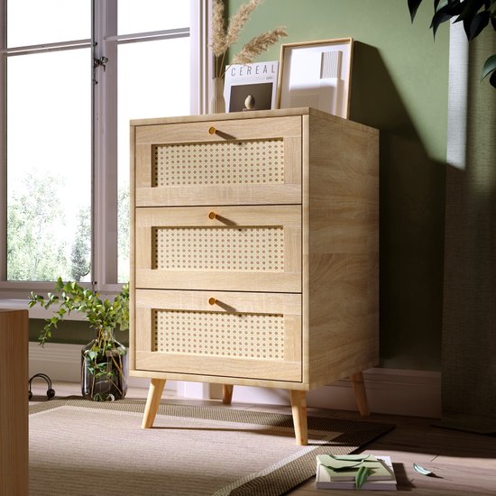 LERFAN Dressoir met 3 laden en 3 schuifdeuren, rotan vlechtwerk op de deurfronten, poten van massief hout & gouden metalen beugelgreep, b 120 x d 40 x h 78 cm notenkleur