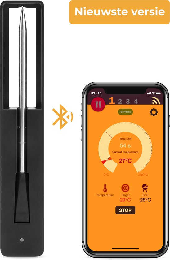 Nuvance - Vleesthermometer Draadloos met App - BBQ Thermometer met Bluetooth - Oventhermometer - BBQ accesoires - RVS