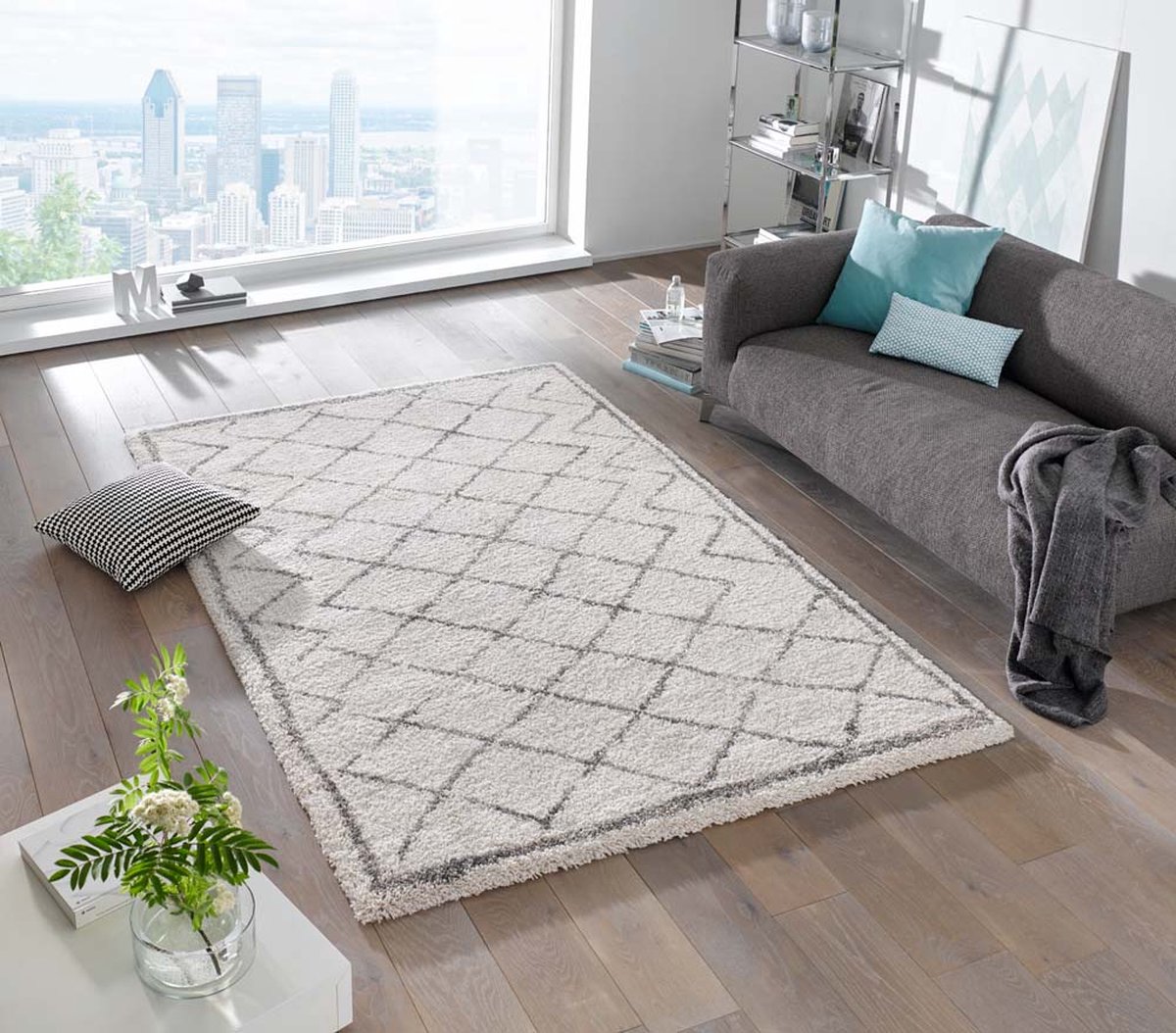 Hoogpolig vloerkleed ruiten Loft - crème/grijs 80x150 cm