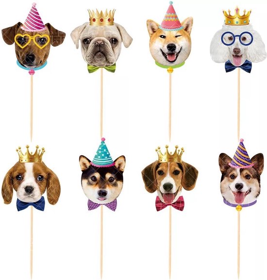 Set van 8 honden cupcake toppers met verjaardagshoeden en strikjes.