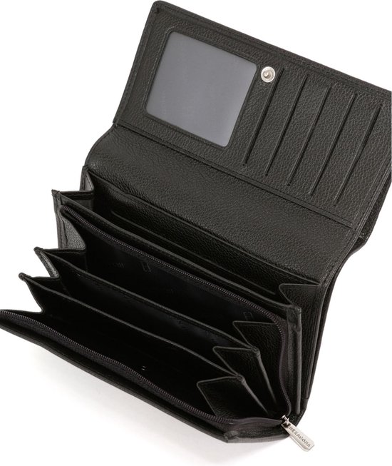 Portefeuille noire en cuir ouverte, avec divers compartiments et une poche zippée latérale.
