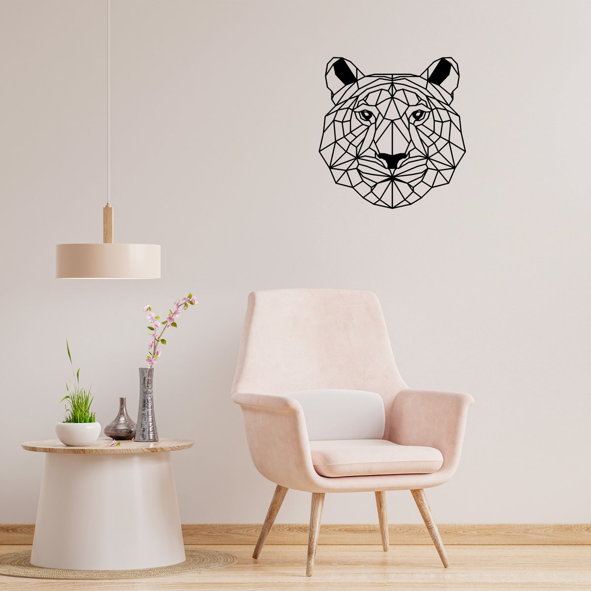 Geometrische Tijger - H 60cm B 59cm (XL) - Line art - Wall art - Muurdecoratie zwart - Van Aaken Design