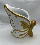 Decoratieve Vaas Vlinder - Wit + Goud + gouden stipjes -  hoogte 20x18x5cm - Polyresin - Woonaccessoires - Decoratieve vazen