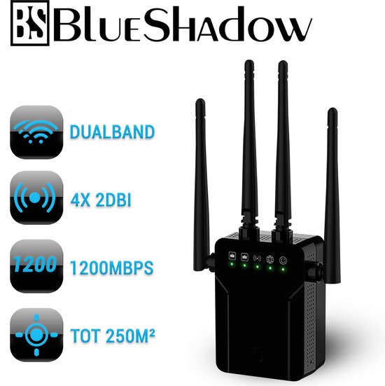Répéteur WiFi Blue Shadow - 1200 Mbps - 2,4 GHz et 5,8 GHz - Groot portée -  Longue