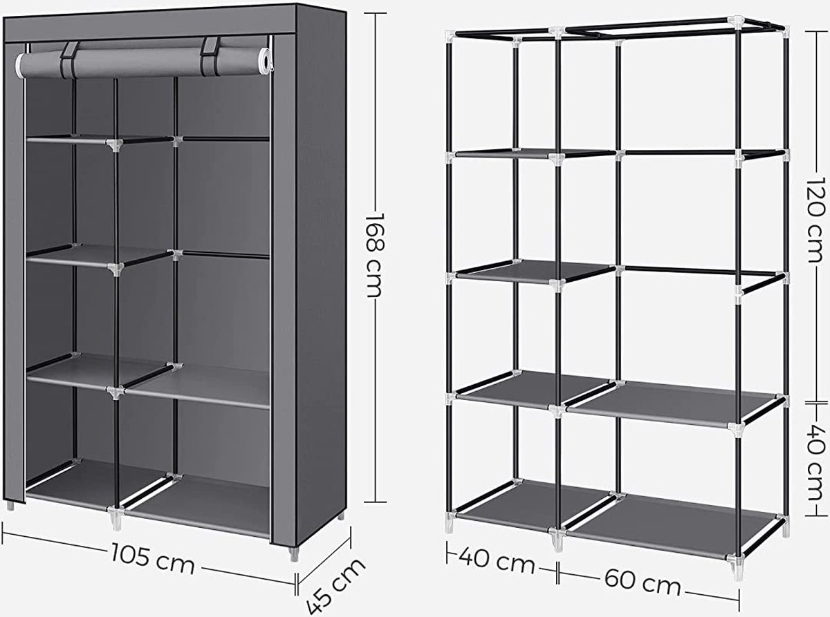SONGMICS Kledingkast, Stoffen Kast, 2 Kledingstangen, 6 Planken, 88 X 45 X 168 Cm Voor Slaapkamer Hal Kleedkamer Grijs Met Visgraatpatroon Ryg084g22