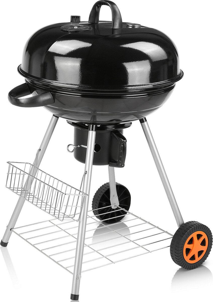 SunJas houtskool-kogelbarbecue met deksel, ronde barbecue diameter 57 cm, houtskoolbarbecuewagen met wielen, BBQ-grill zwarte emaille