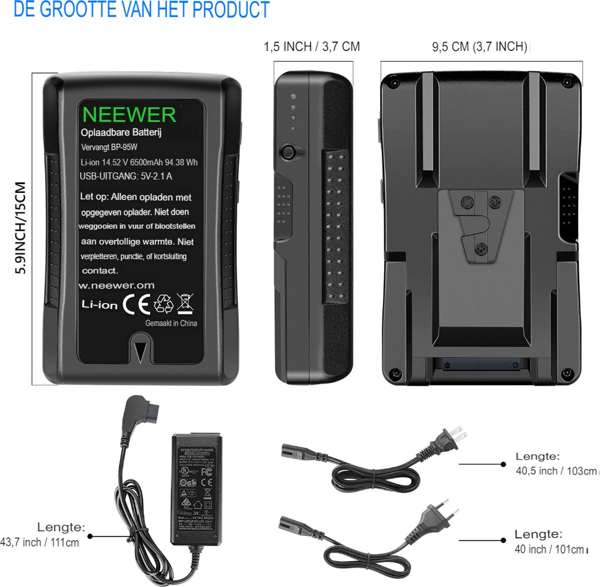 Neewer® - V-mount/V-lock batterij 95Wh (6600mAh) - 14,8V Li-Ion Batterij met D-Tap Output Oplader en D-Tap kabel - Geschikt voor Sony Video Broadcast Camera Camcorder - LED licht (BP-95W)