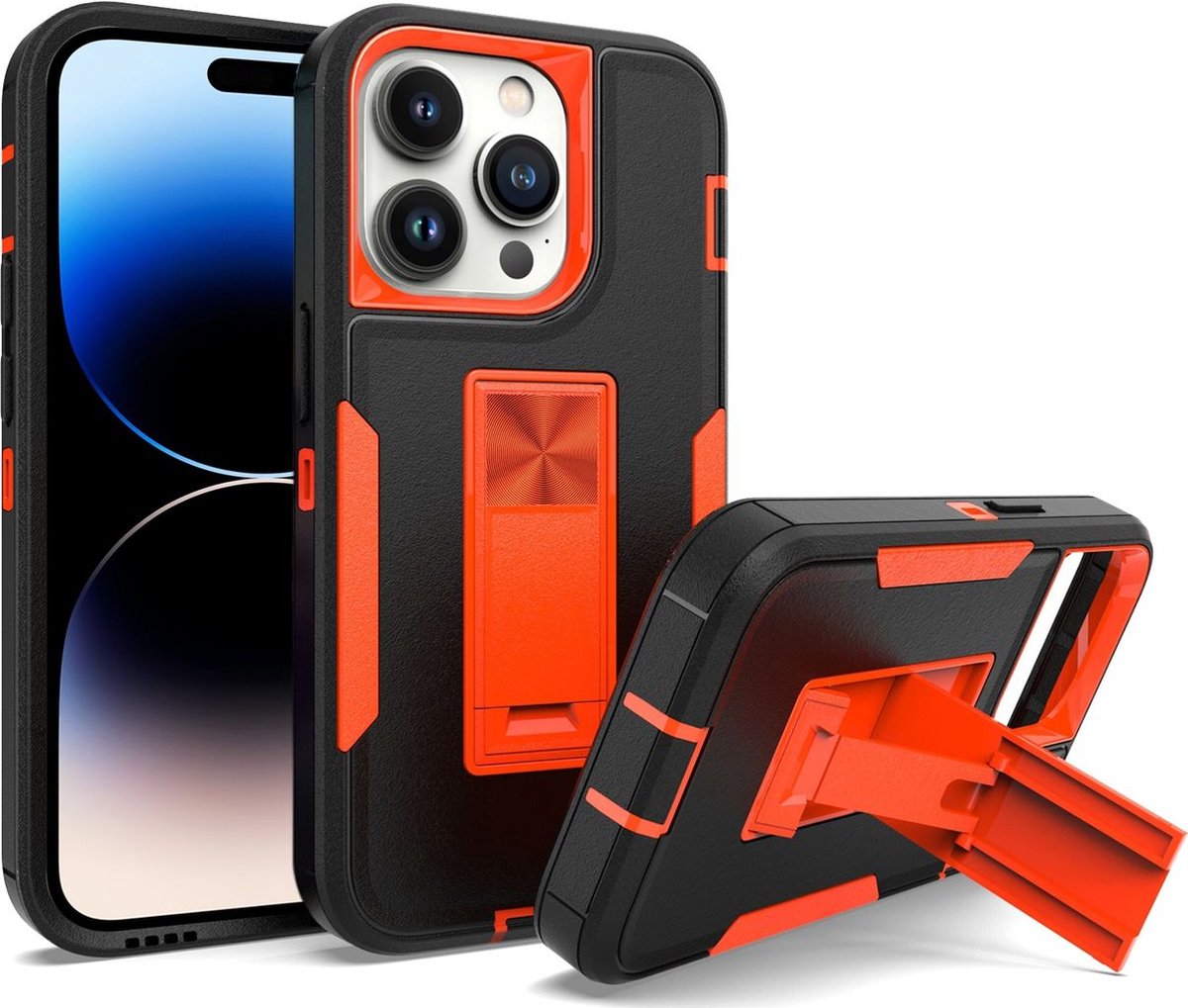 Mobigear Hoesje geschikt voor Apple iPhone 14 Pro Max Telefoonhoesje Hardcase | Mobigear Heavy Armor Stand Backcover Shockproof met Standaard | Schokbestendig iPhone 14 Pro Max Telefoonhoesje | Anti Shock Proof - Zwart / Rood