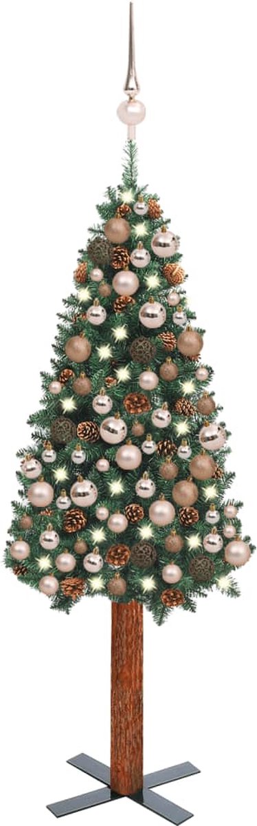 Prolenta Premium - Kerstboom met LED's en kerstballen smal 150 cm PVC groen