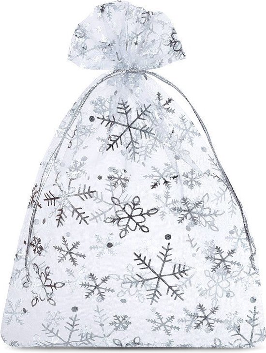 Kerst zakjes Organza 15 x 20 cm 10 stuk Zilveren Sneeuwvlokken