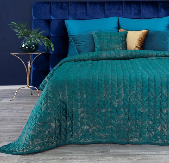 Oneiro’s luxe AGATA Beddensprei Turquoise/goud - 170x210 cm – bedsprei 2 persoons - beige – beddengoed – slaapkamer – spreien – dekens – wonen – slapen