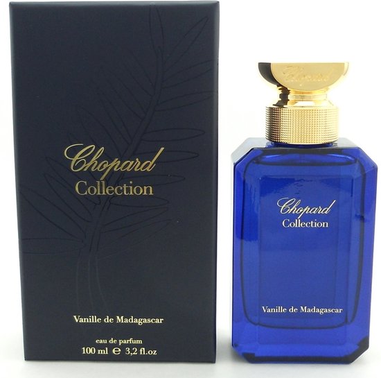 Chopard Collection Eau de Parfum, 100 ml fles in blauw glas met gouden dop. Bijpassende doos met gouden palmbladmotief en tekst 'Chopard Collection Vanille de Madagascar'.