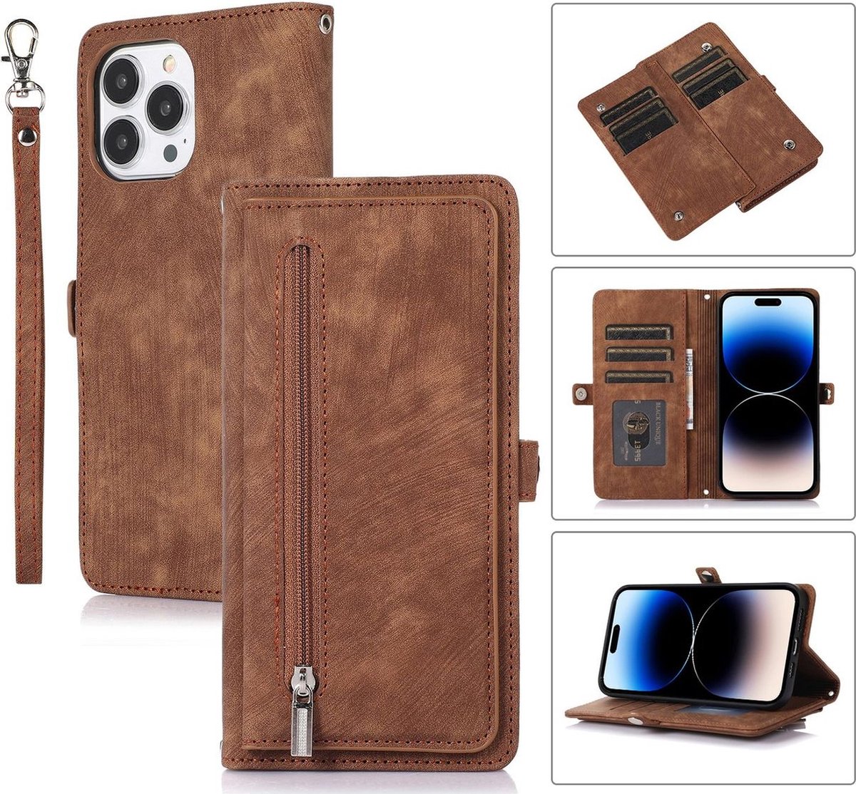 Mobigear Telefoonhoesje geschikt voor Apple iPhone 14 Pro Hoesje | Mobigear Zipper Bookcase Portemonnee | Pasjeshouder voor 3 Pasjes | Telefoonhoesje voor Pinpas / OV Kaart / Rijbewijs - Bruin