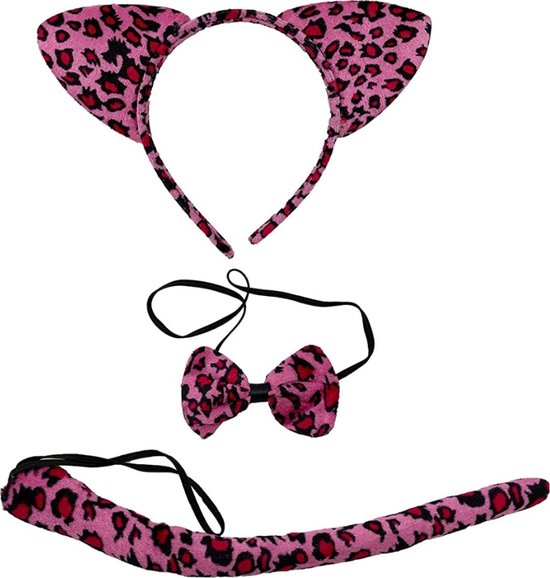 Roze luipaardstijl Set 3 in 1 - Haar diadeem - Staart - Vlinderdas