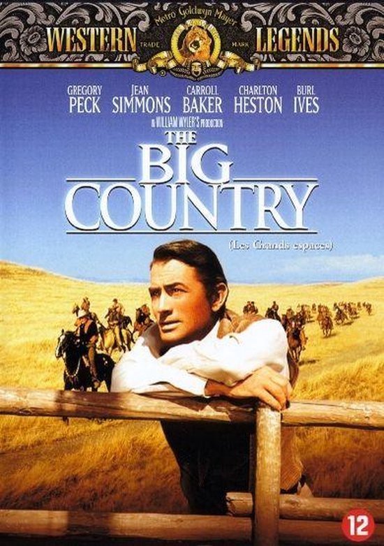 Filmposter voor "The Big Country" met Gregory Peck vooraan, paarden en cowboys op de achtergrond.