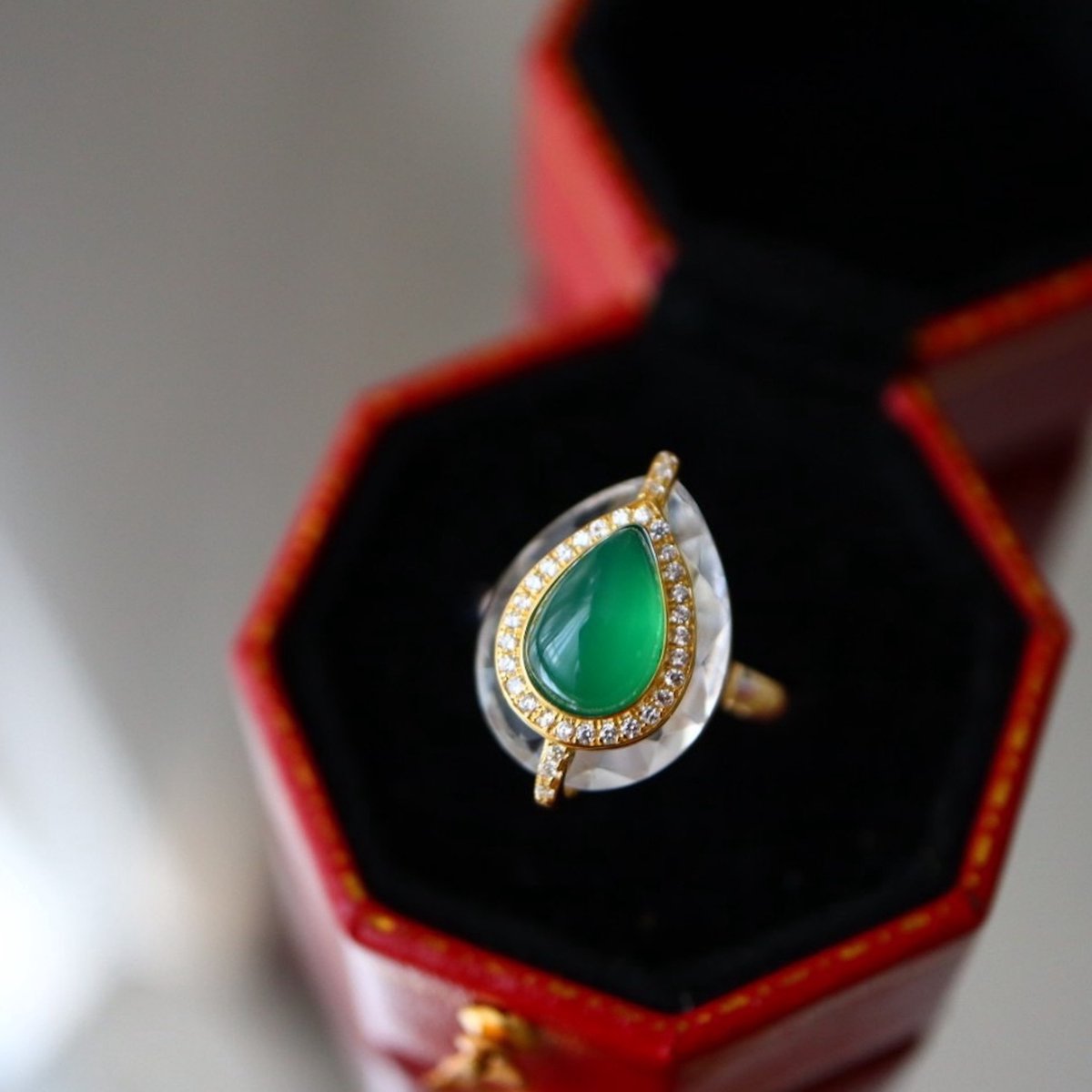 Royal groen - Sterling zilver Royal stijl natuurlijke groene onyx peer geslepen heldere kwartskristal ring - verstelbaar