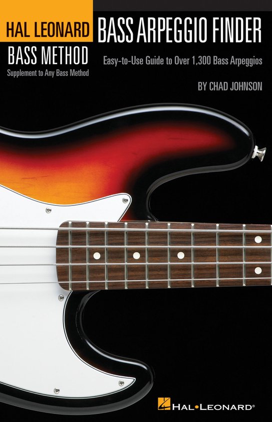 Couverture du livre "Bass Arpeggio Finder" avec une partie d'une guitare basse aux couleurs orange, rouge et noires.