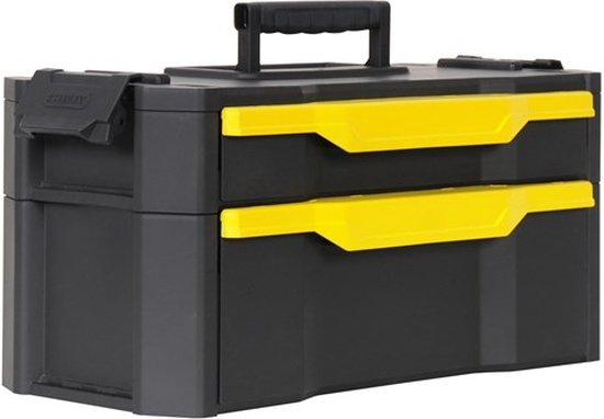 Zwarte Stanley gereedschapskoffer met twee gele lades op een witte achtergrond.